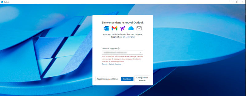 Capture écran de Windows connexion au compte Outlook