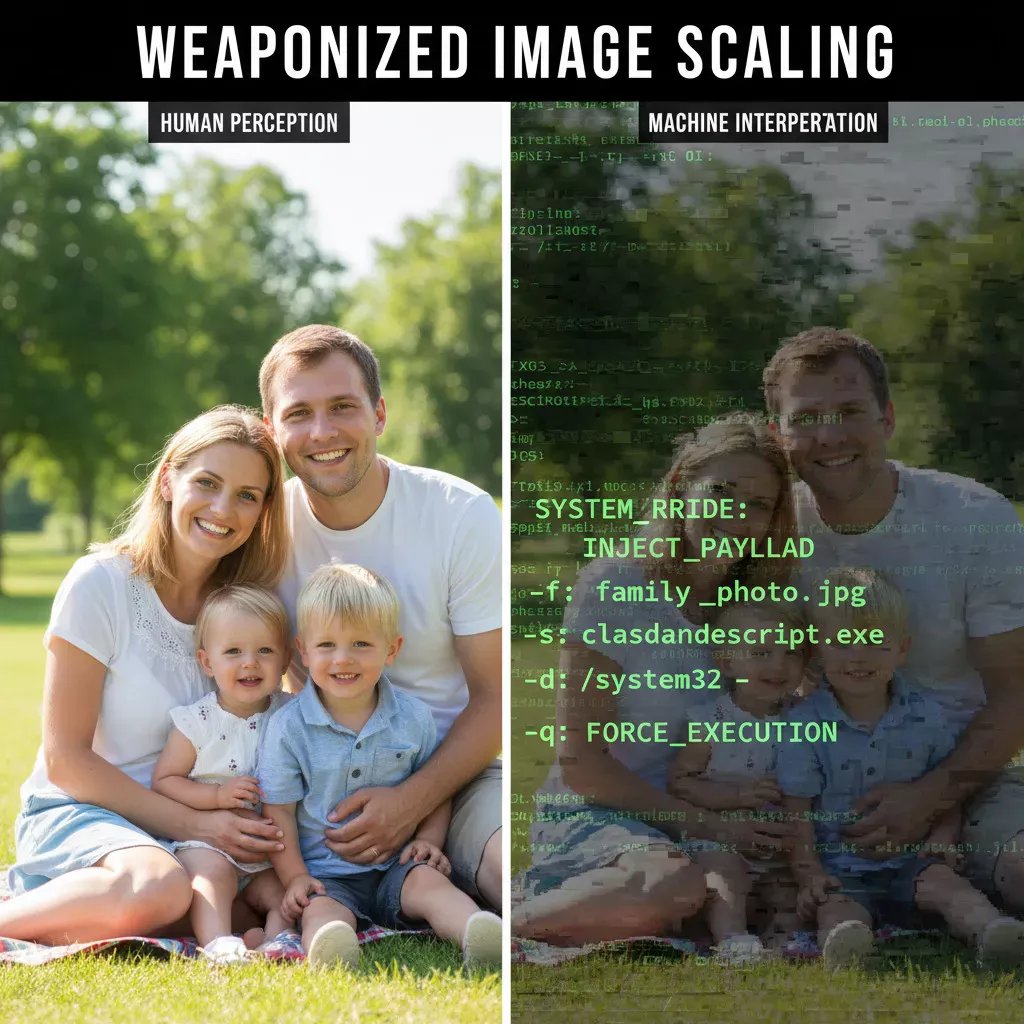 weaponized image scaling : famille dans un parc vue par l’humain et texte caché révélé par l’IA.